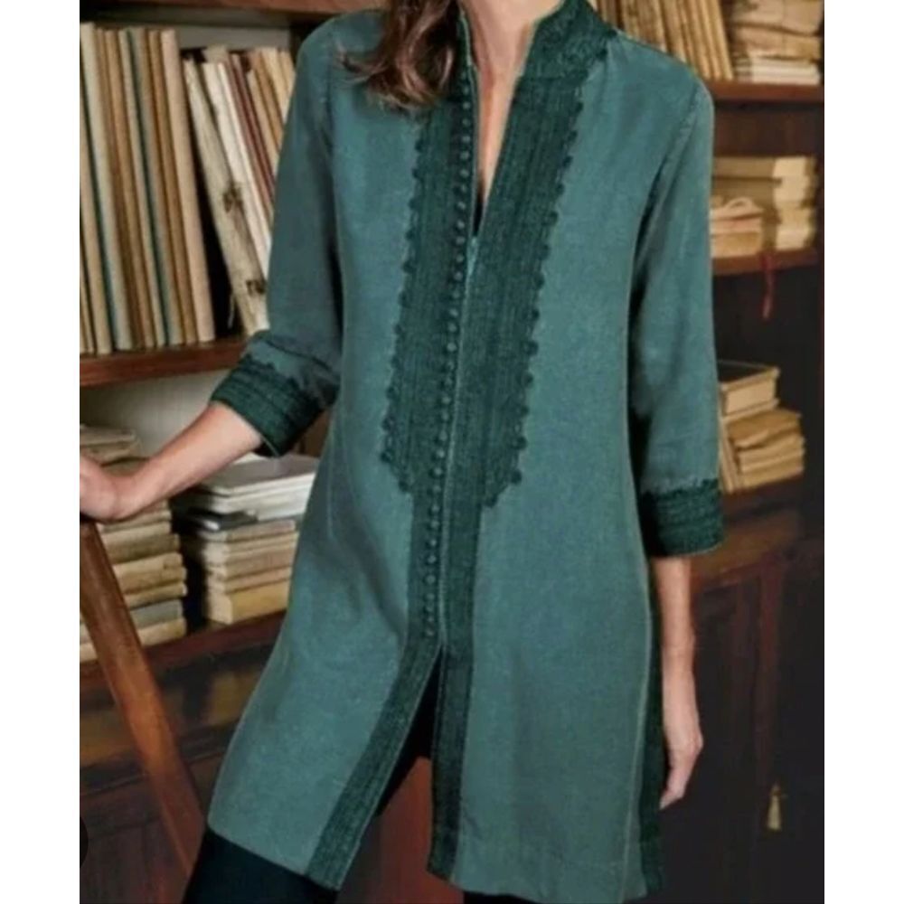 Soft Surroundings Anandi Teal Tencel Jacket/Top with Chenile Accents. Bohemian.